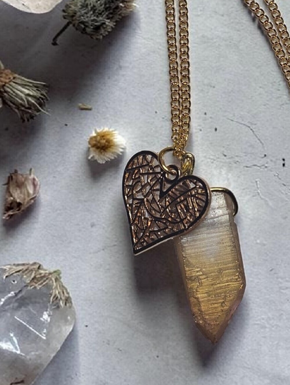 Gold Heart & Crystal Pendant Necklace - Women Jewelry